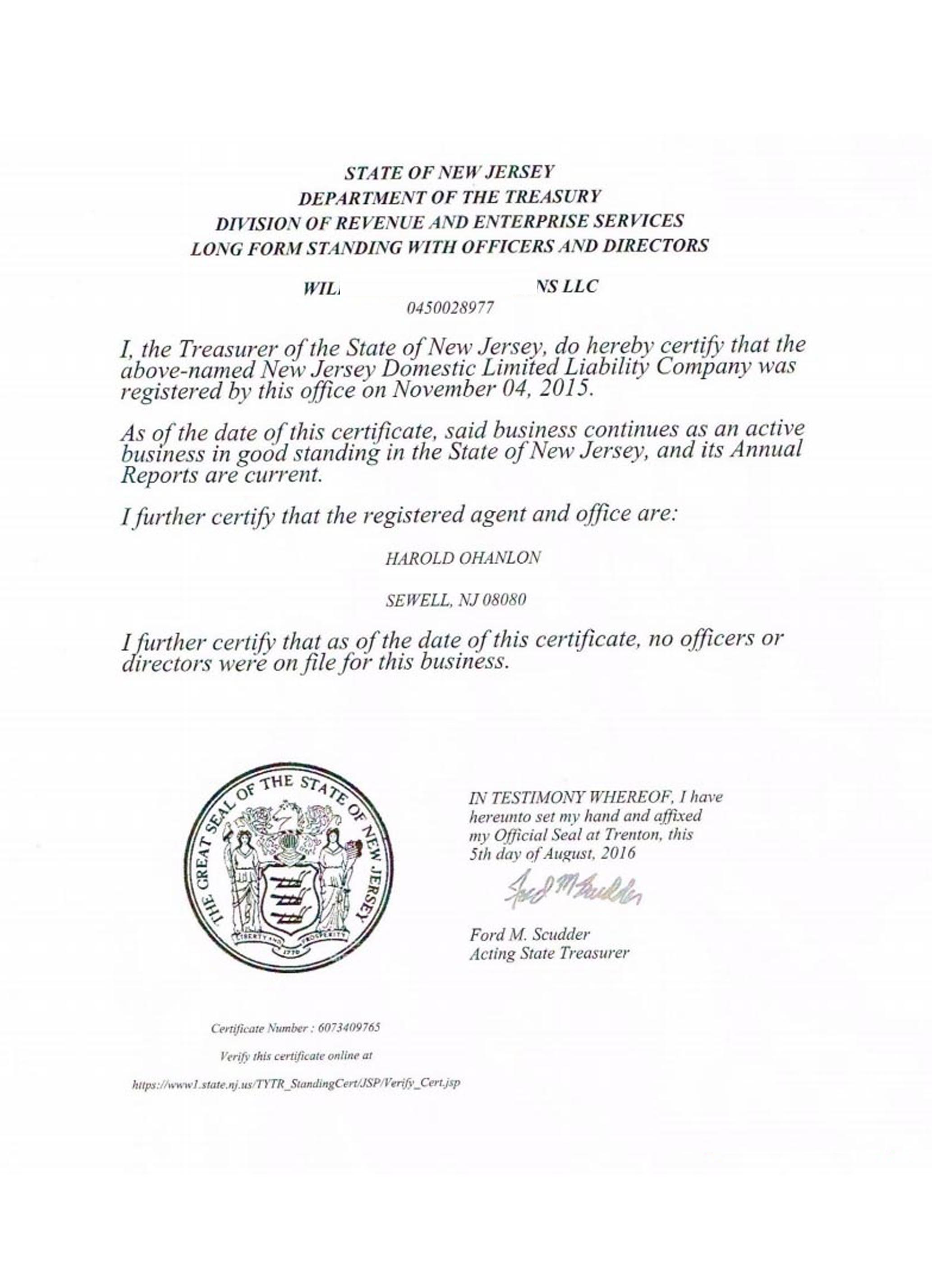 USA New Jersey certificate of good standing